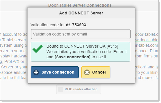 Door Tablet CONNECT validation code screen for confirming a server connection
