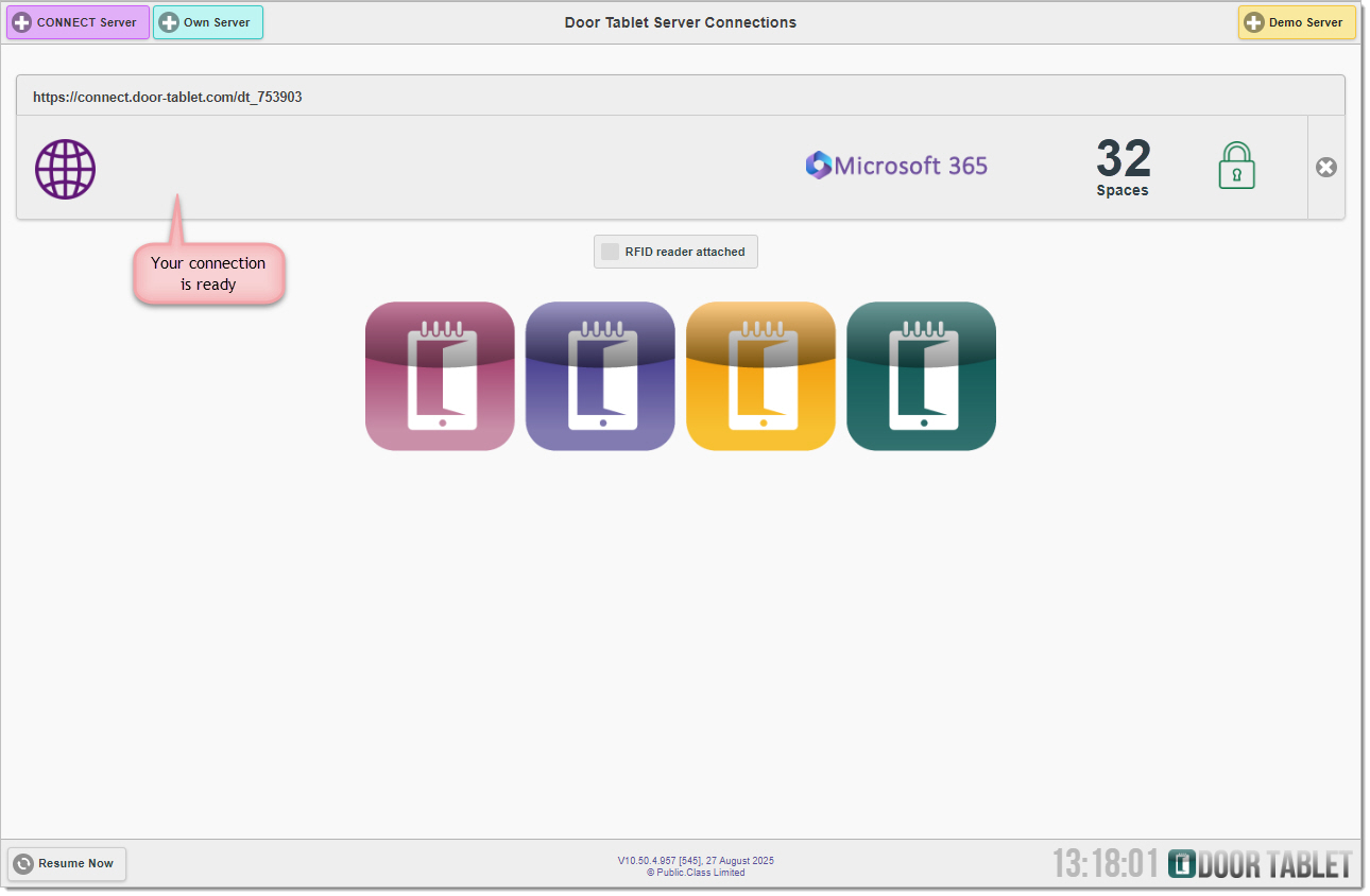 Door Tablet app showing a successful CONNECT server connection