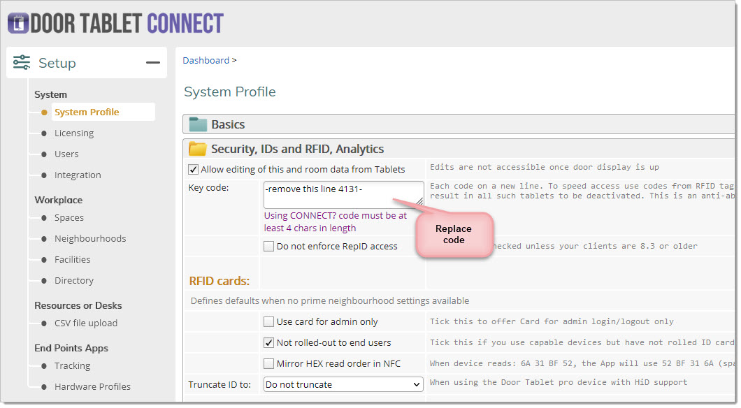 Door Tablet Web UI system profile for configuring the CONNECT key code