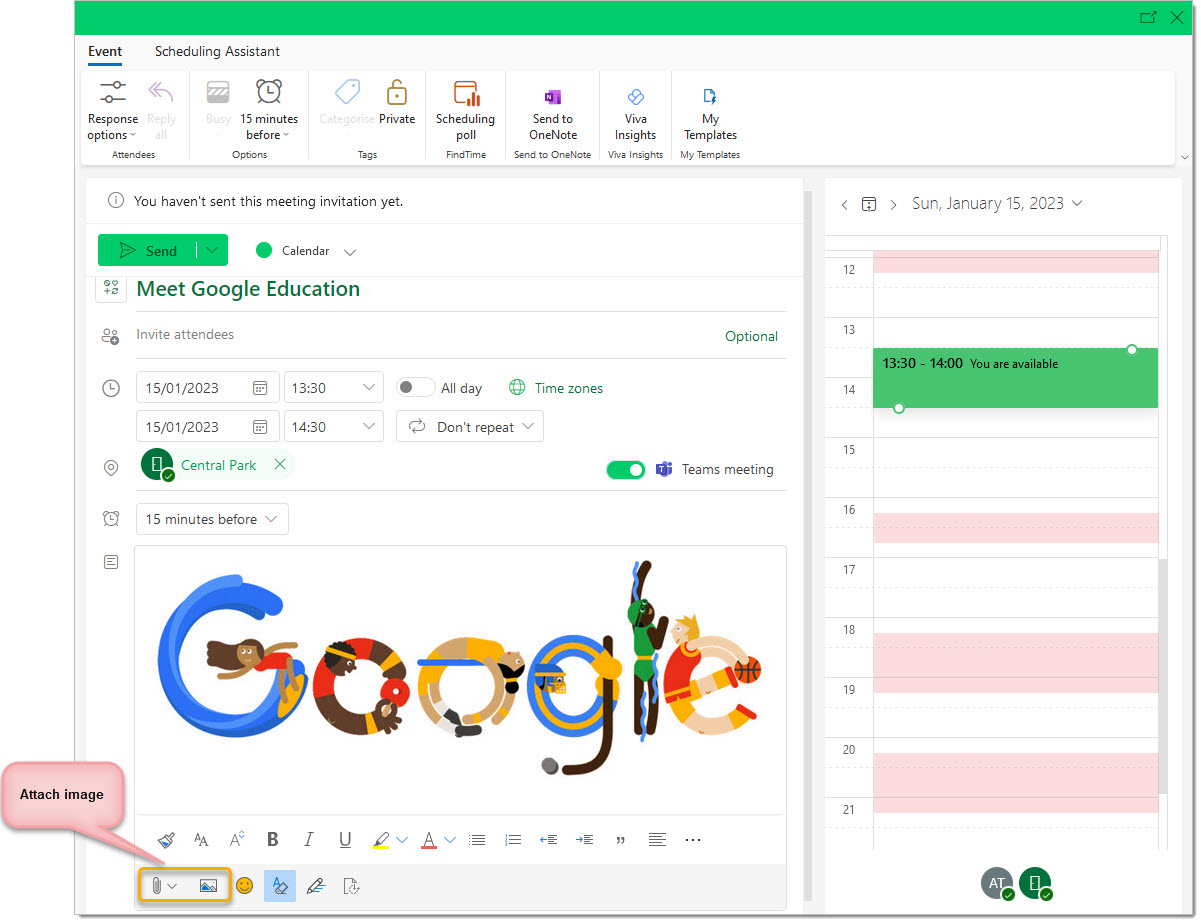The Outlook application allows you to add images as either in-line or as an attachment to the booking. Door Tablet will use the first image you attach, if