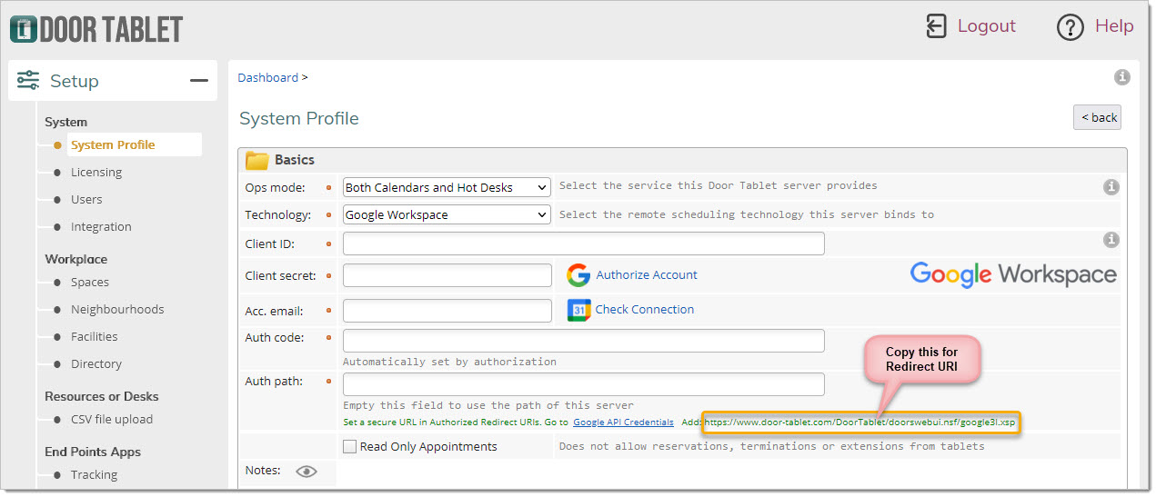 You will find the redirect URL listed on the Door Tablet System Profile: