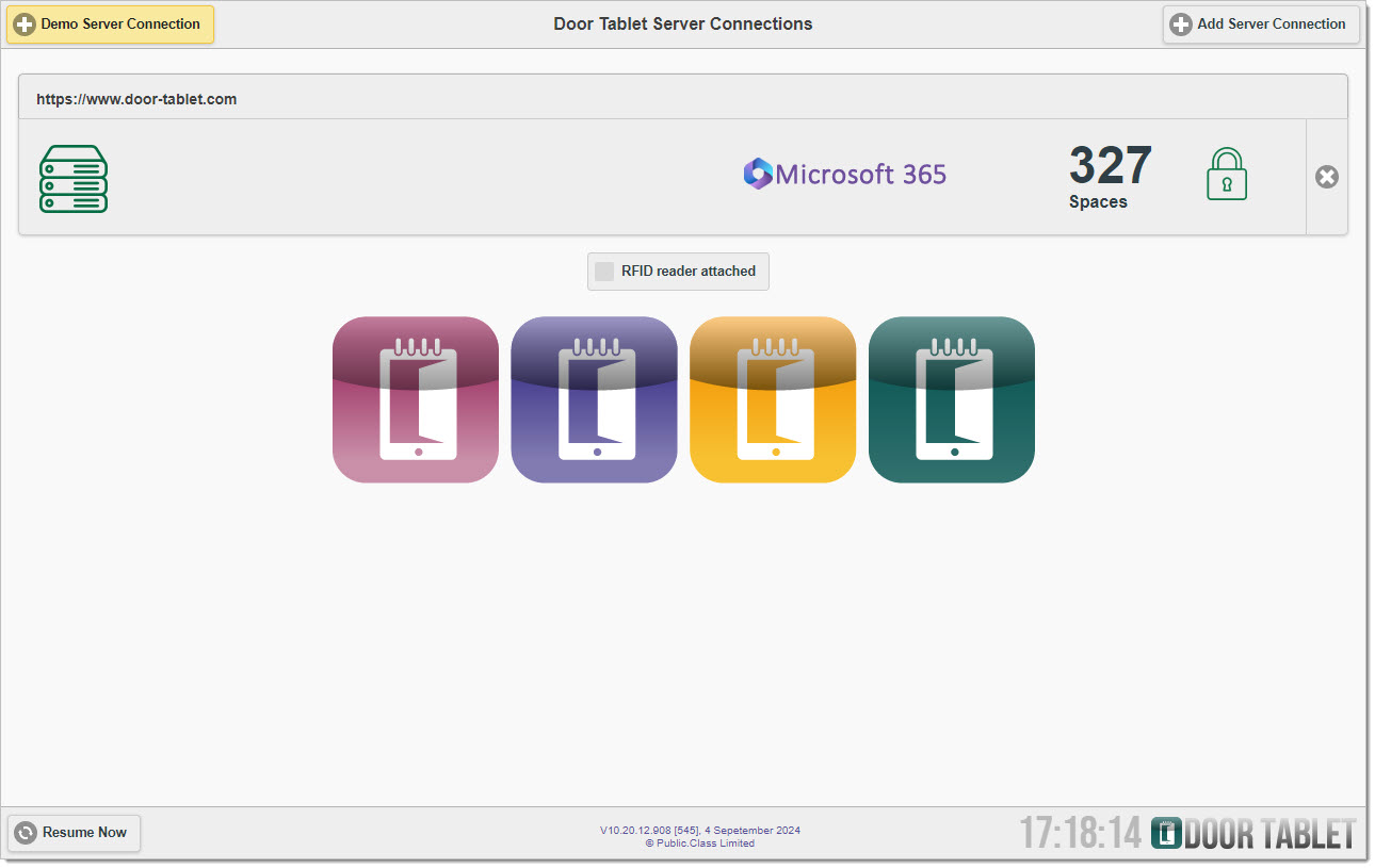 Door Tablet Server Connections screen showing a connected meeting room server