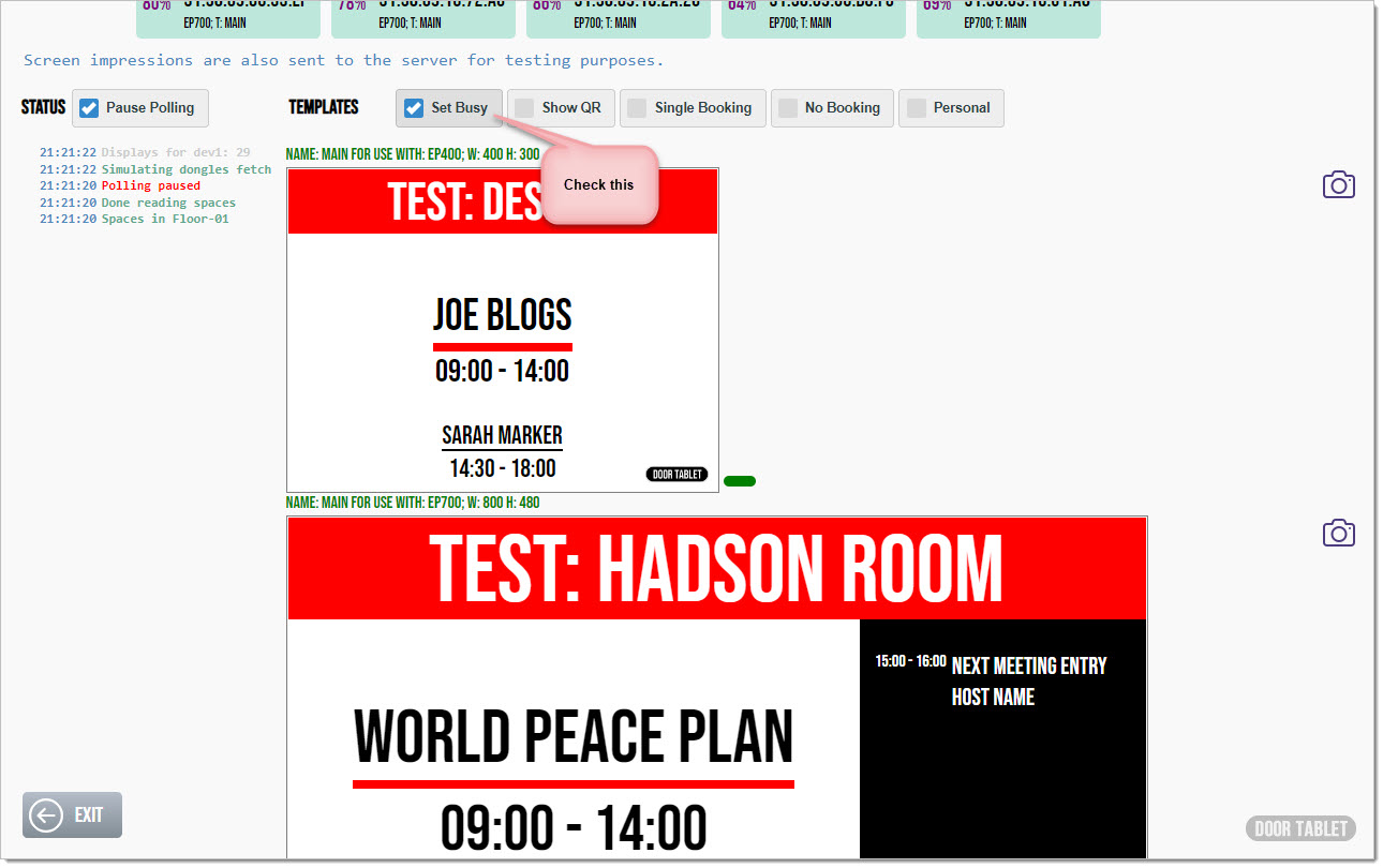 For example, setting the displays with the current dummy data, as Busy, will look like so: