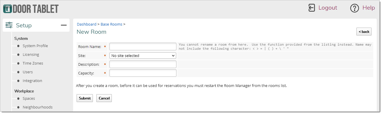 Note: The combination of Site/meeting space must be unique on the system.