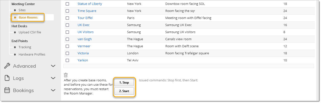 These functions are performed using the button at the bottom of the meeting space list.