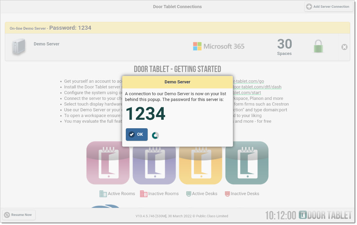 Note: if you have yet to install a Door Tablet server, you may access the demo server instead. Touch the "Demo Server Connection" button and the appropriate