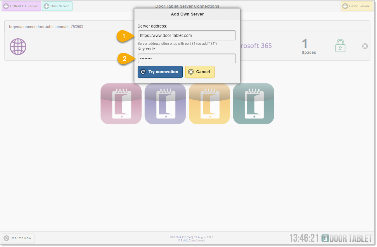 Door Tablet Add Own Server screen for entering the server address and key code