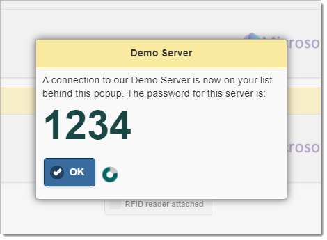 Door Tablet Demo Server connection confirmation showing the demo password