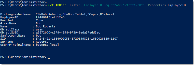 Get-ADUser -Filter 'EmployeeID -eq "f2480617feff12e0"' -Properties EmployeeID