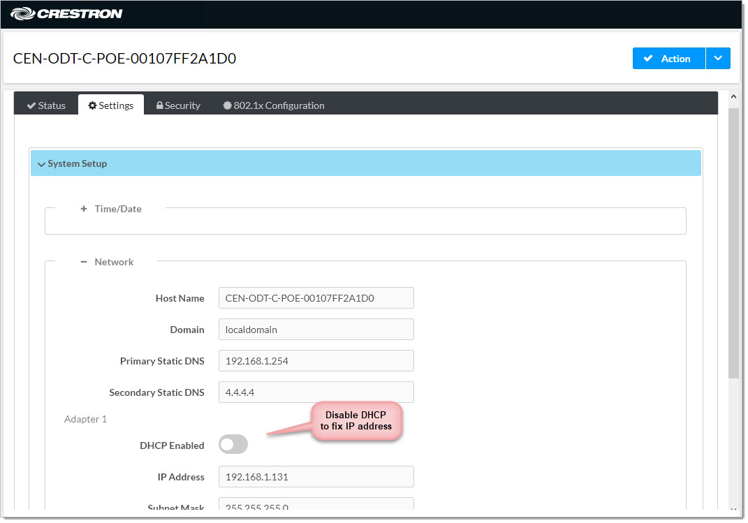 Note: it is recommended that the IP of the sensor is set to be fixed. The display device IP address may remain dynamic.