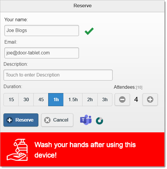When you create a reservation in Door Tablet, an on-line Teams meeting will always be created, and the Teams icon will show to indicate that the function is