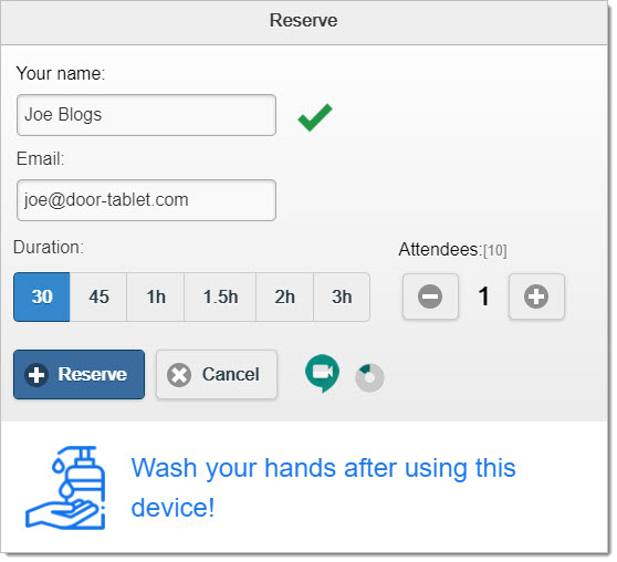 When you create a reservation in Door Tablet, an on-line Meet meeting will always be created, and the Meet icon will show to indicate that the function is