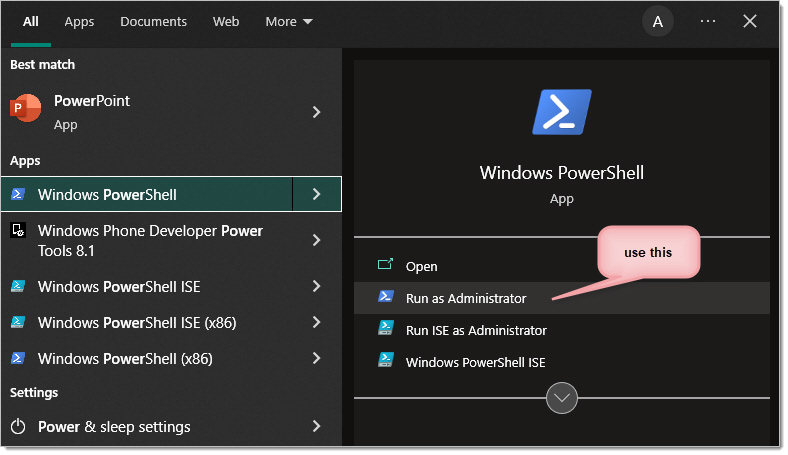 1. Run Windows PowerShell in Administrator mode