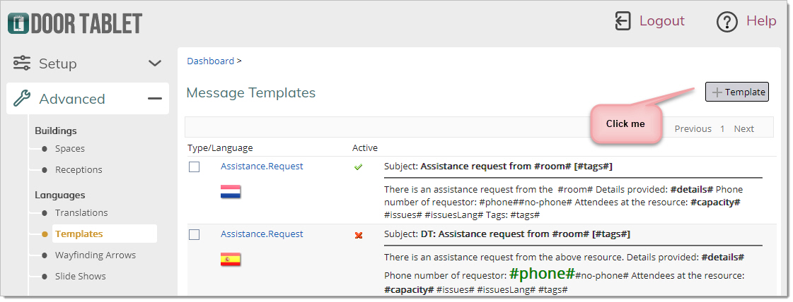 To create a new message click "+ Template" on the top right hand side of the page: