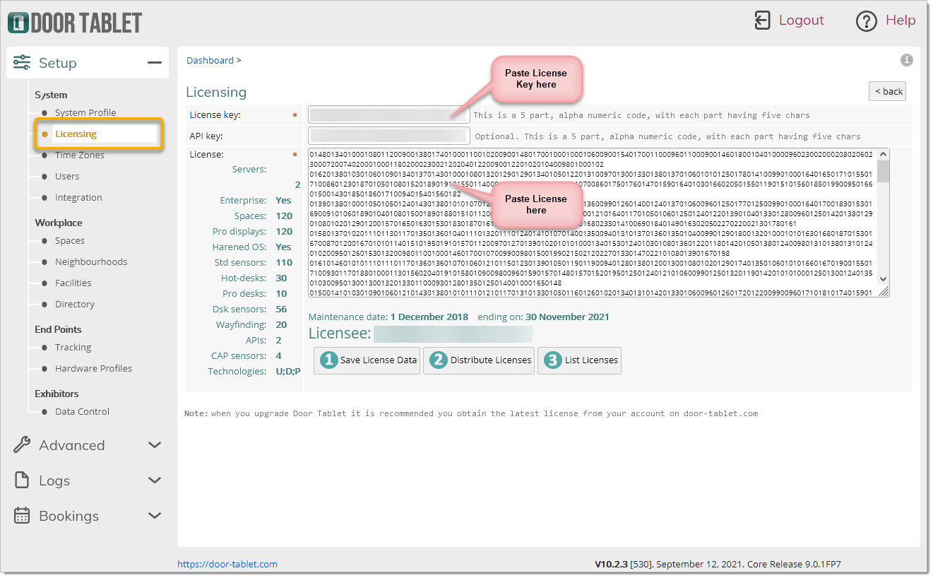 To install the license in Door Tablet use the Web UI. The Licensing page will open: