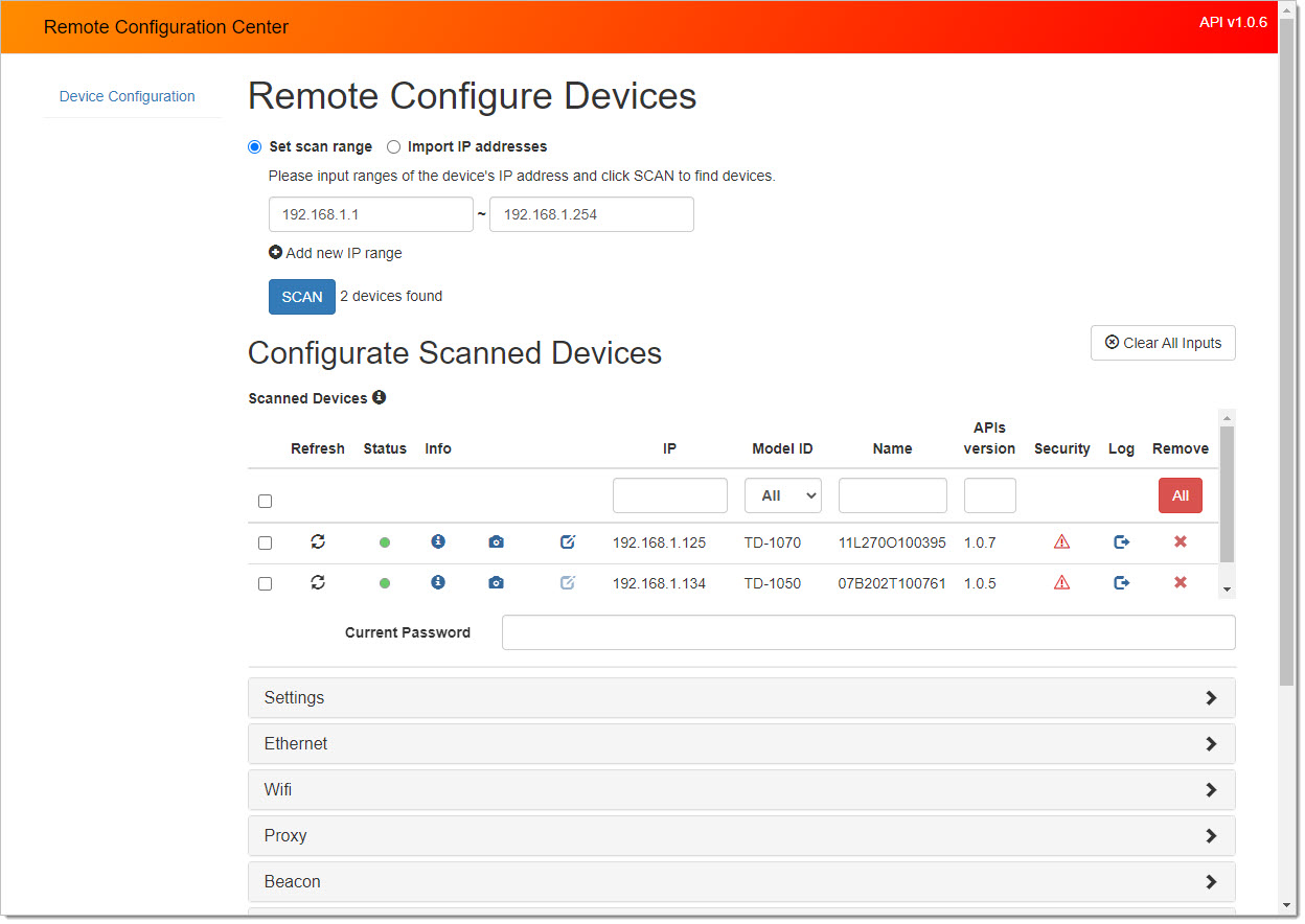 Then, click on the text "Device Configuration". Once started you can scan your network and find your devices.
