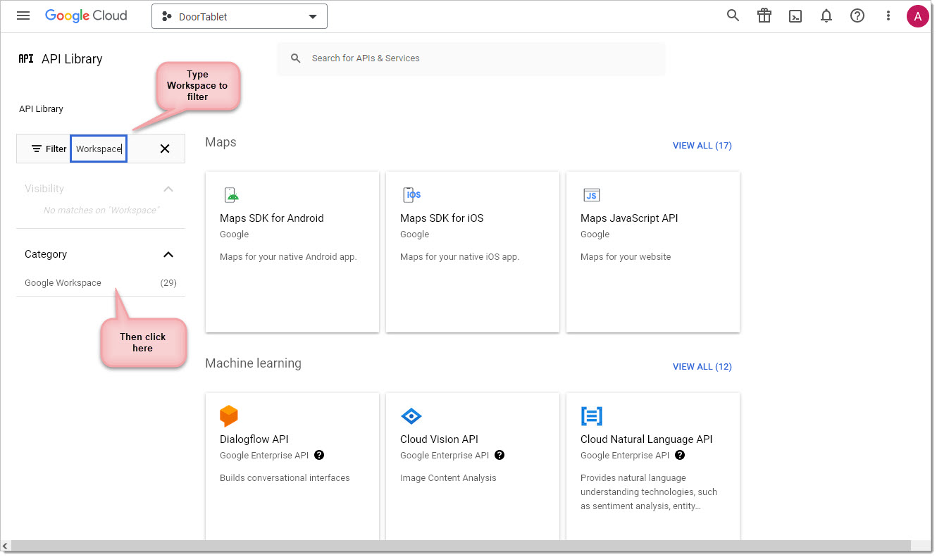 Once created, click on the project name. We will now need to enable the Calendar API.