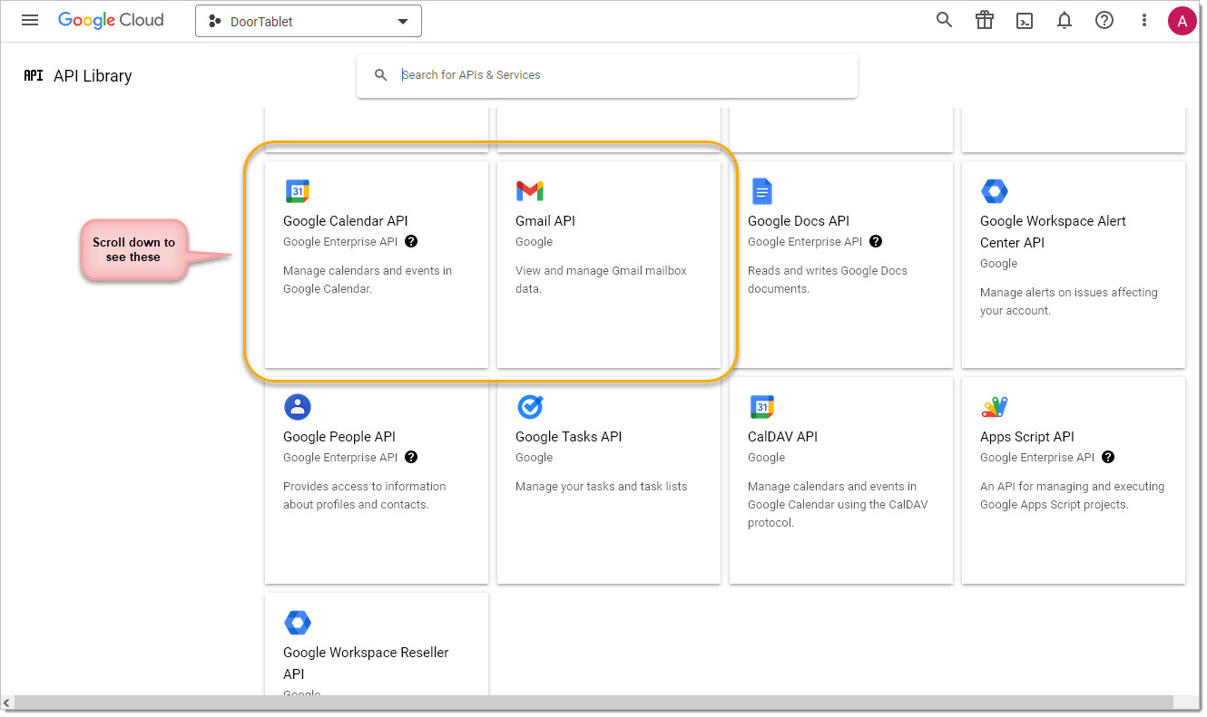 Scroll down to the Google Calendar API and click on OFF to turn it ON. Repeat the action for Gmail API. In the image below the APIs are enabled.