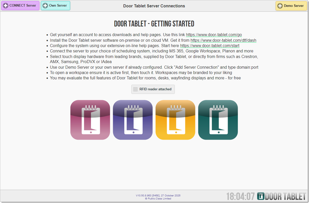 Door Tablet Getting Started screen with setup guidance and server connection options