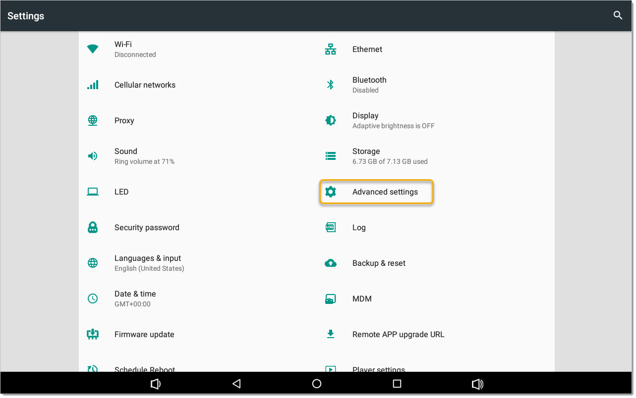 Touch on Advance Settings