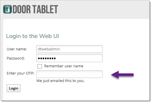 Door Tablet Web UI login page with one-time password verification