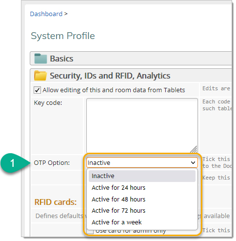Door Tablet Web UI OTP option menu showing available authentication timeouts