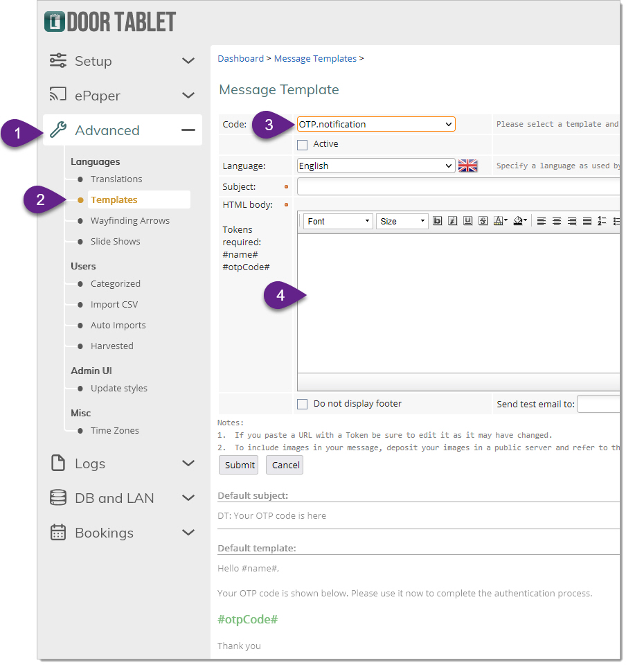 Door Tablet Web UI Message Templates page for editing the OTP notification email