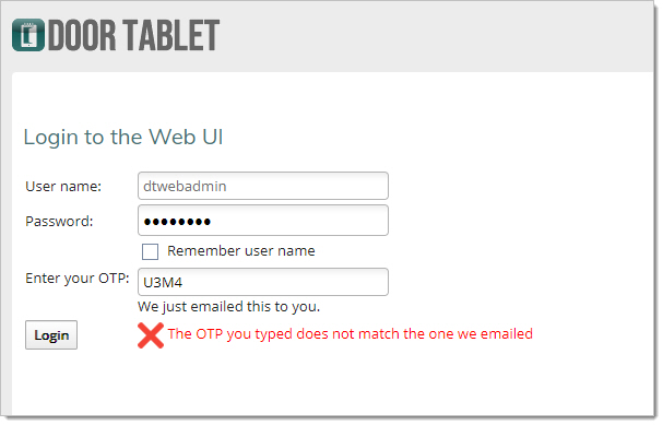 Door Tablet Web UI login page showing an invalid one-time password error