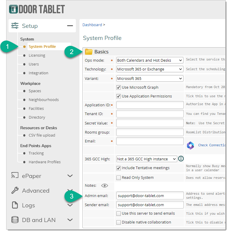 Door Tablet Web UI System Profile page showing the administrator email setting