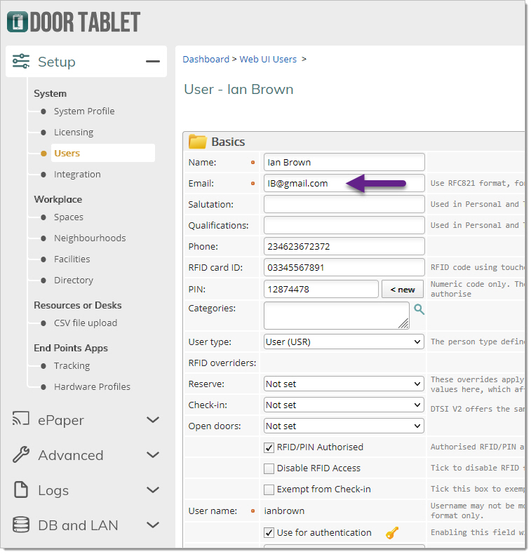 Door Tablet Web UI Users page for updating a user's email address