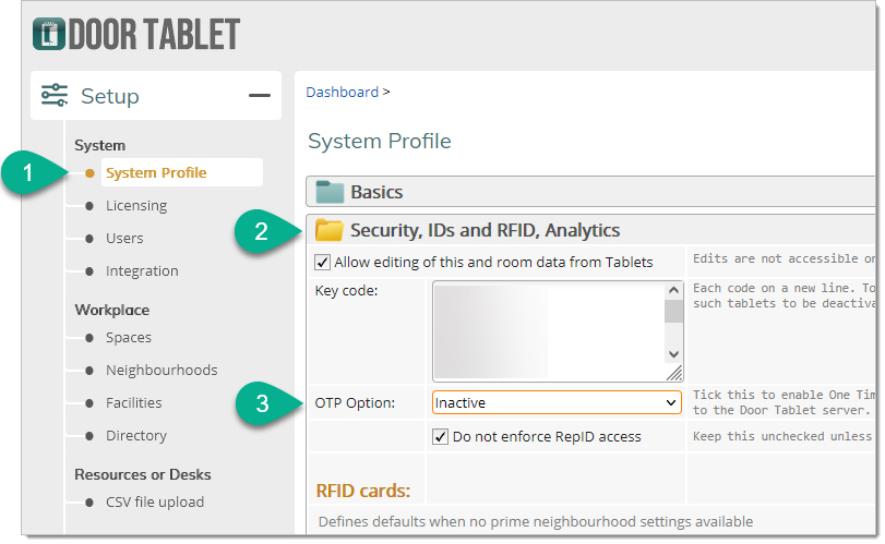 Door Tablet Web UI System Profile page for configuring the OTP option