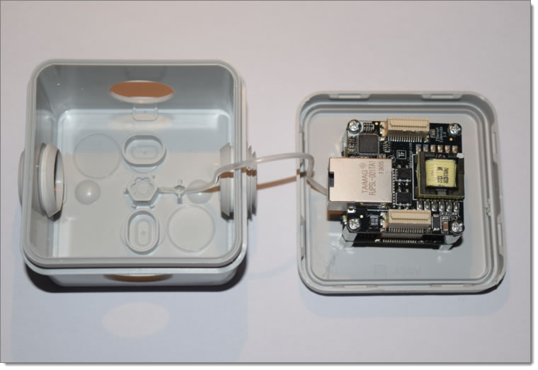Devices are connected to the network electronics in a protective box, called the Device Hub.