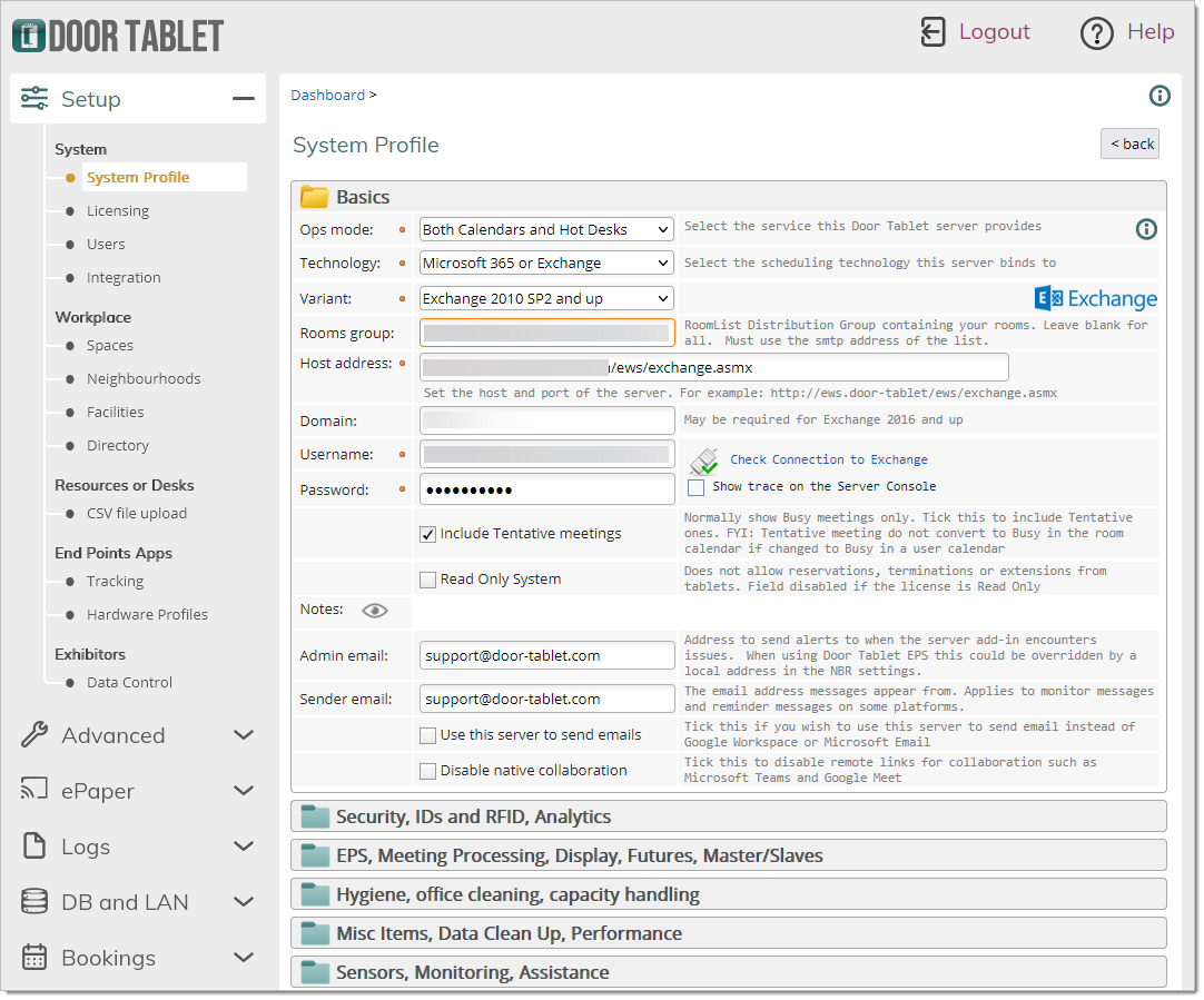 The system profile is where you specify that you wish to use Exchange and some additional details.