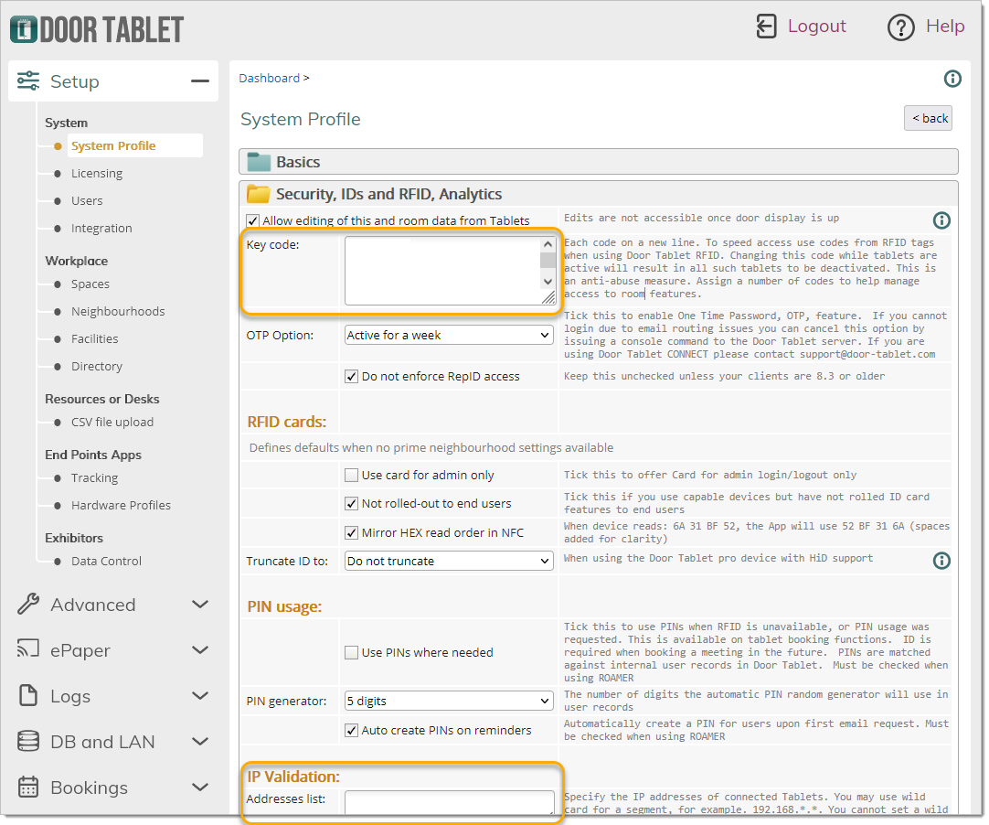 Setup Key codes and IP Access