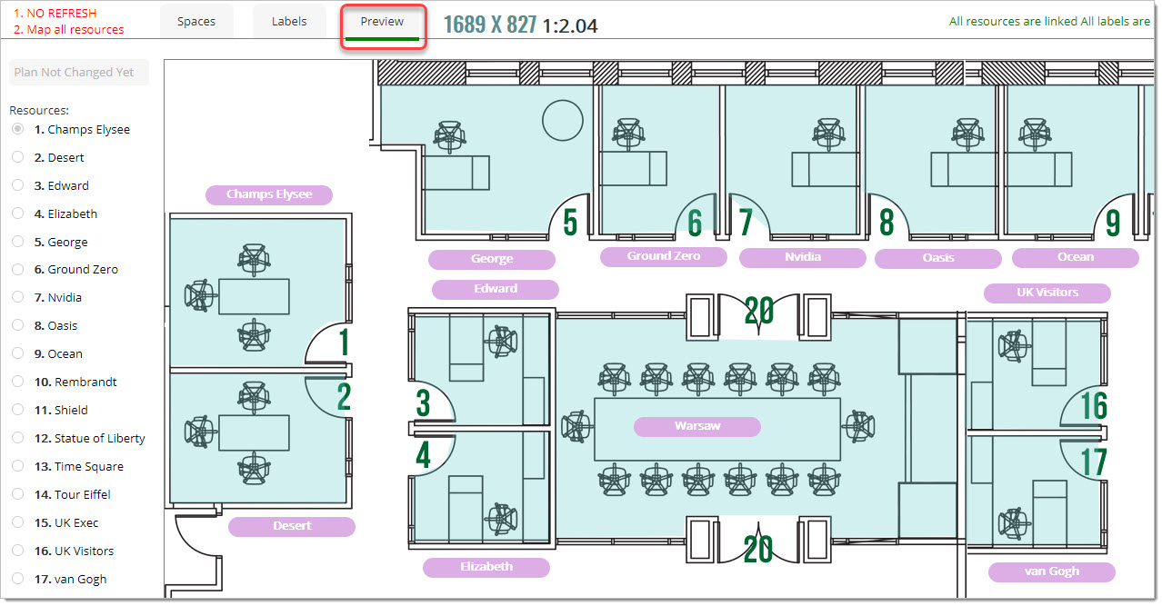 Once you have finished mapping all resources, save your work and click on "Preview". Move the mouse over areas to check these are correct: