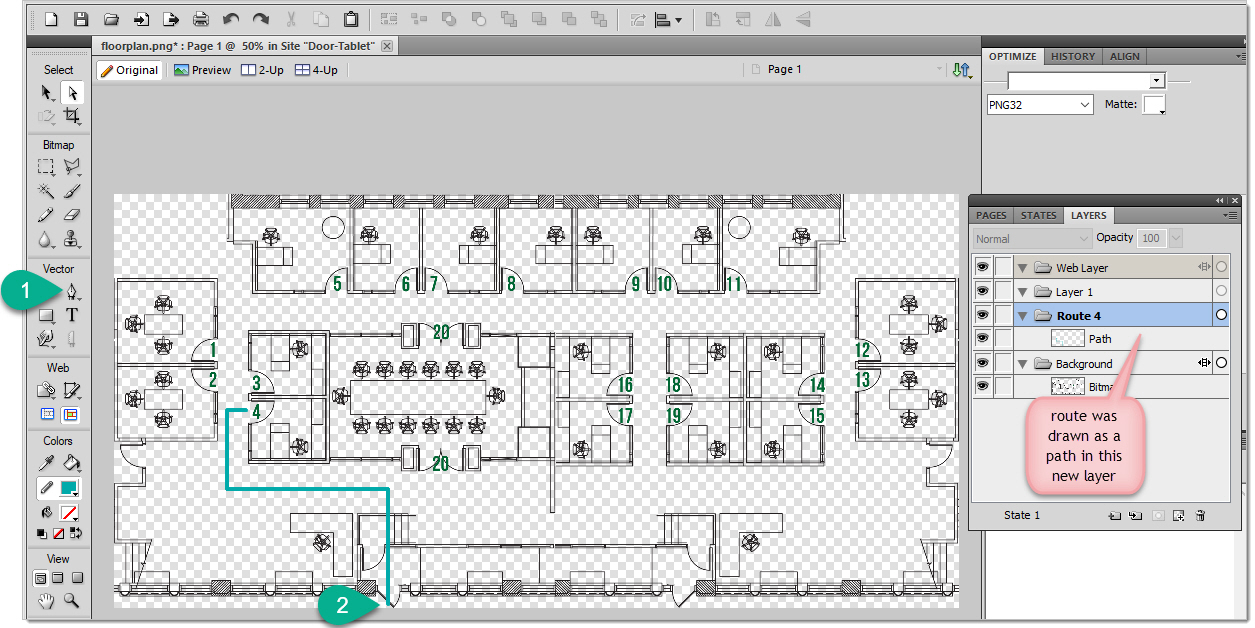 Create a new layer and draw the route on it using the Pen Tool. In our tool we can use the shift key to ensure the lines are straight: