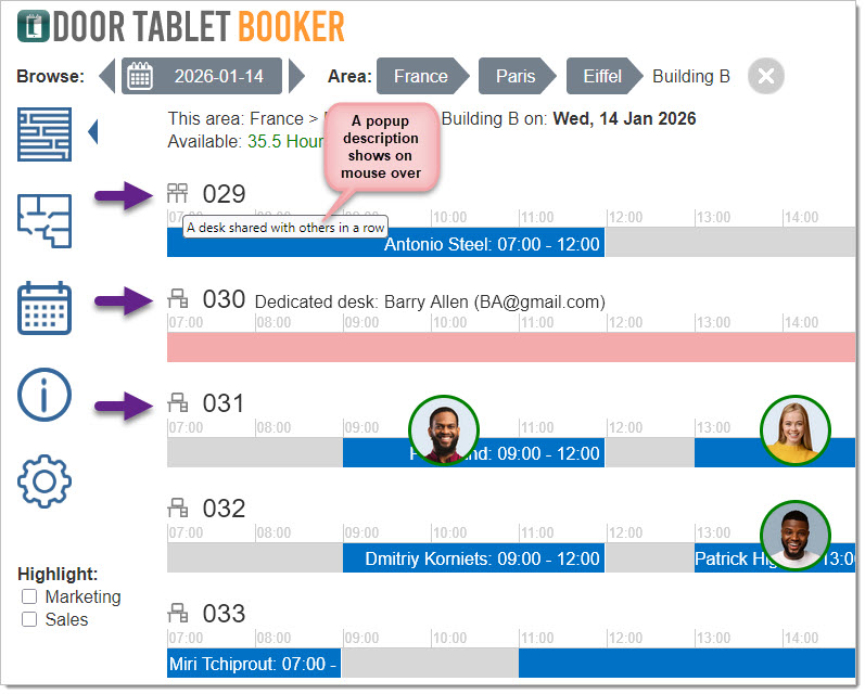 Showing Desk Types in BOOKER