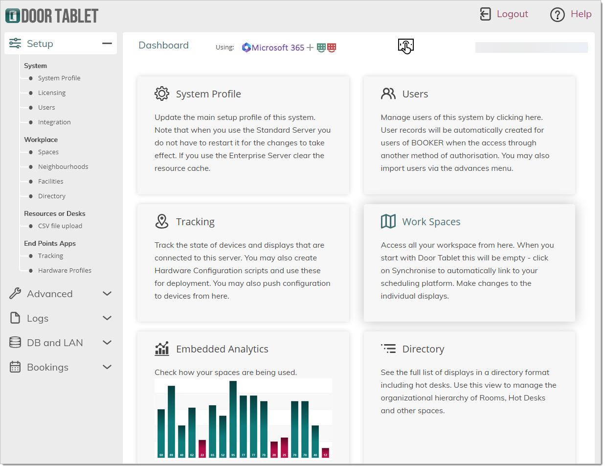Door Tablet Web UI dashboard for managing users, workspaces, and system settings