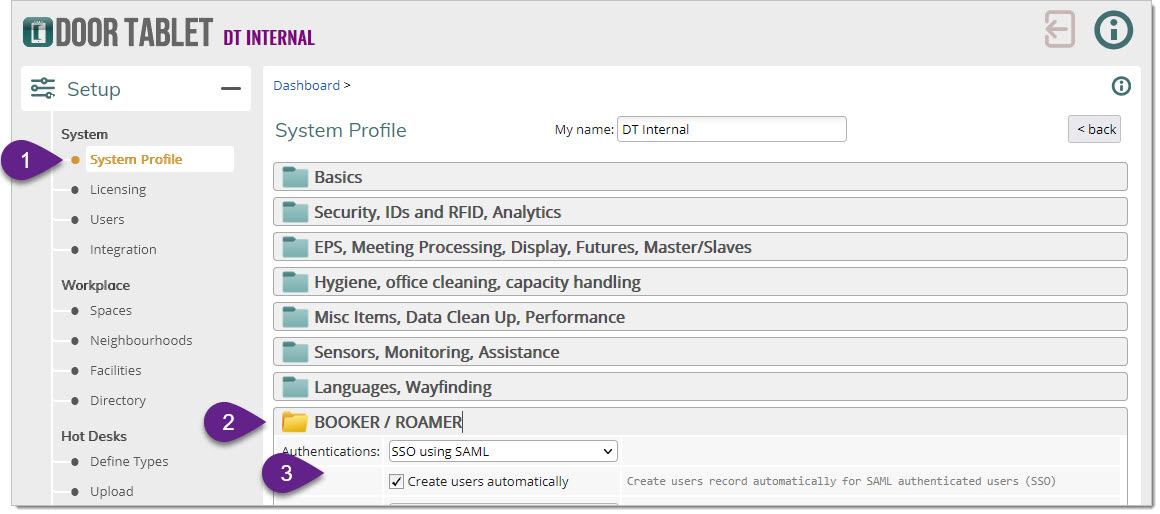 In the BOOKER section, set the system to use SSO using SAML