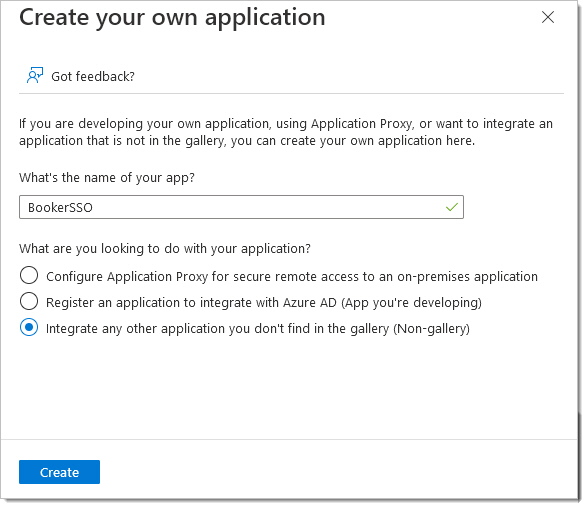 Name the application and select the last option. Here we called it BookerSSO - you can call it anything you like.