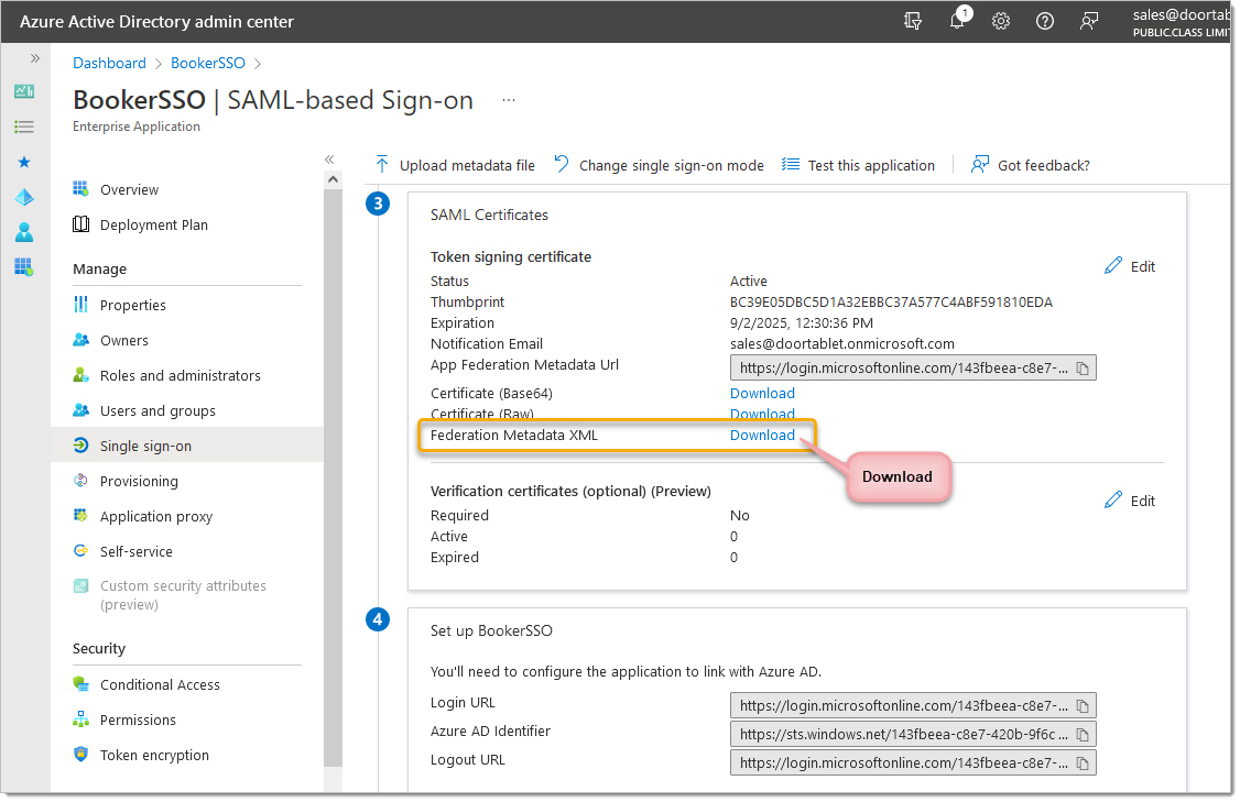 Now download the federation Metadata XML file, as visible in step 3: