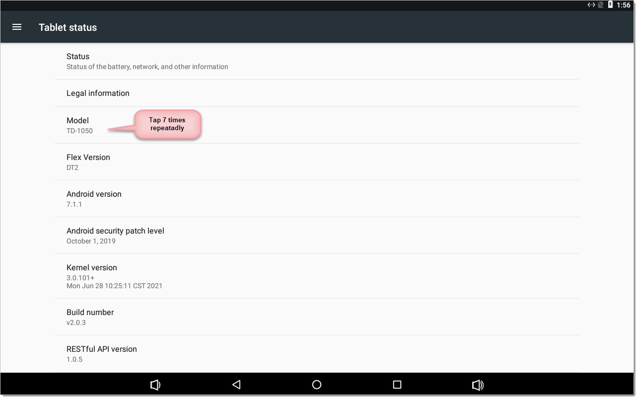 The following screen will show. Tap the model number 7 times: