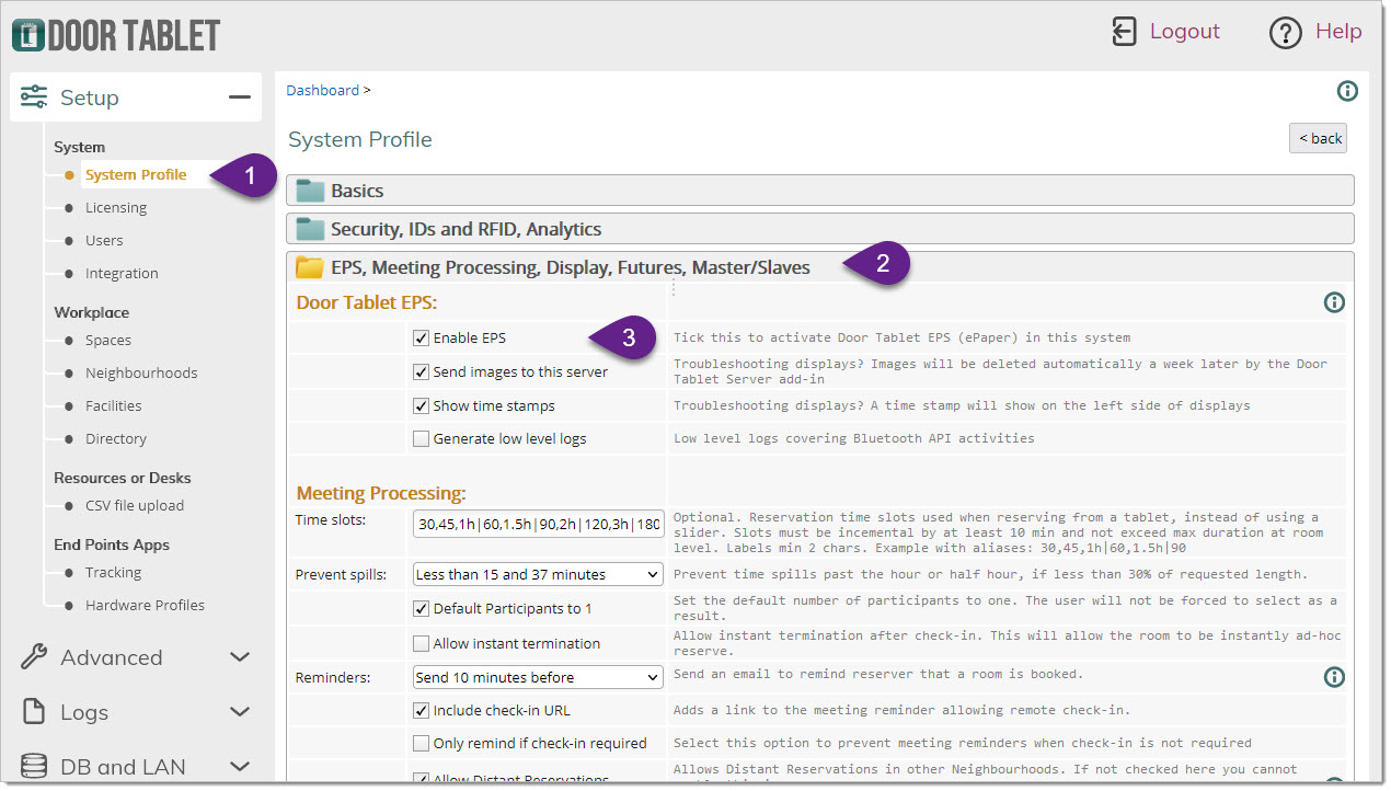 Open the system profile and tick 'Enable Door Tablet EPS System'