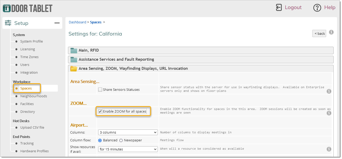Select a neighbourhood and amend its settings to enable ZOOM for all the spaces within. Please note that this option make it possible to create ZOOM sessions