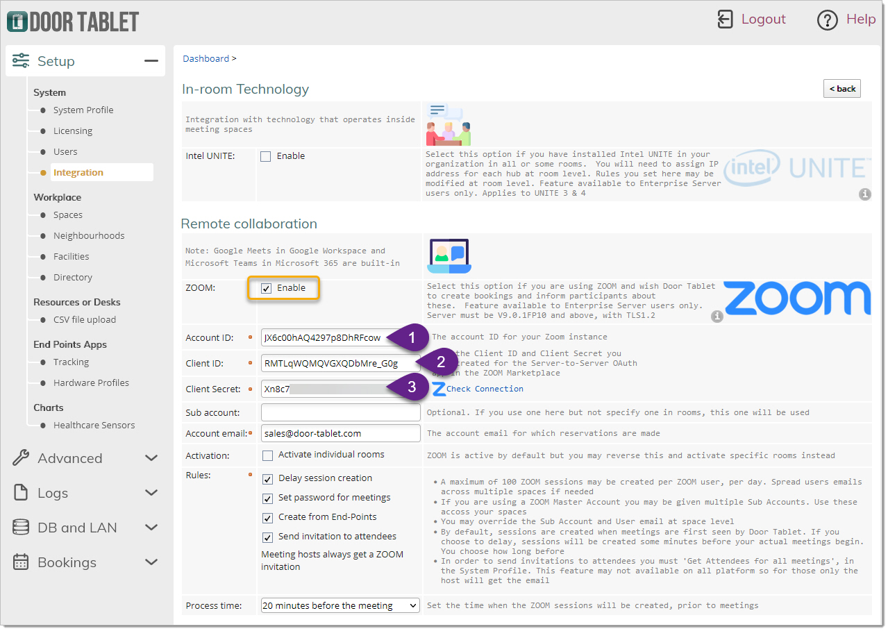 Copy the Keys from the ZOOM Marketplace App above.