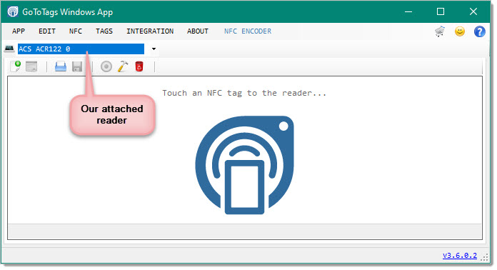 After installing the drivers, you are ready to install the GoToTags application. When you run for the first time it will identify your reader: