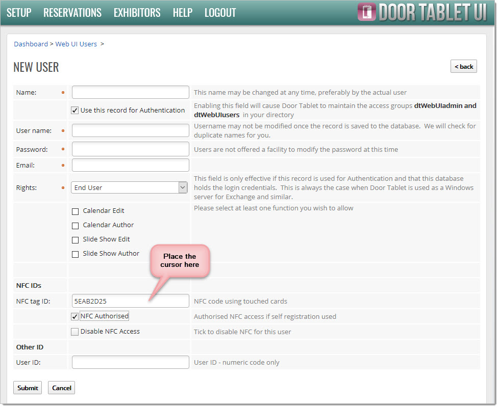 In the Door Tablet Web UI user record, place the cursor in the NFC tag field, and touch the card on the reader: