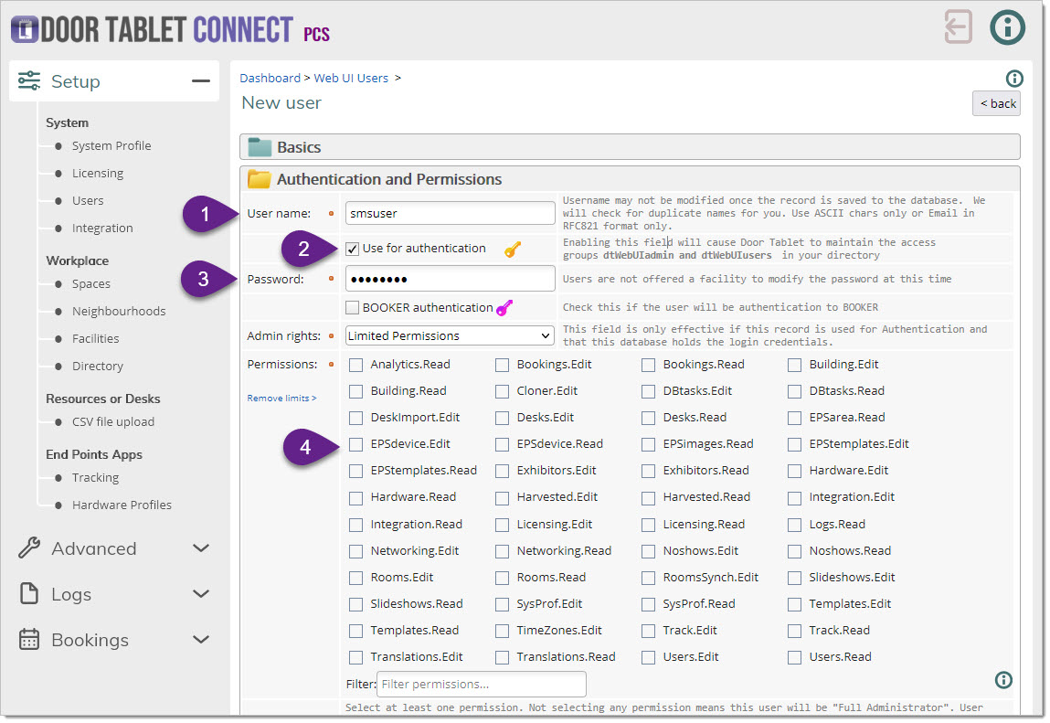 Door Tablet CONNECT New User page showing authentication settings, password configuration, and administrator permissions.