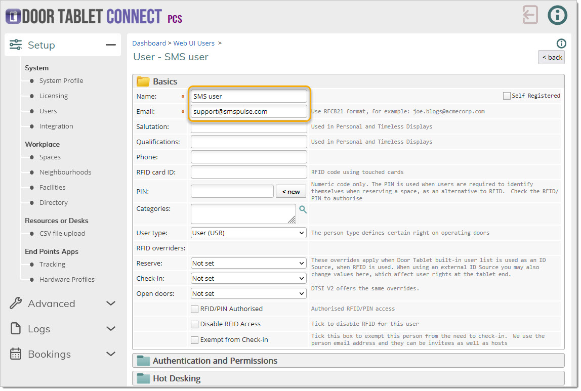 Door Tablet CONNECT Edit User page showing the name and email fields for configuring an application user.