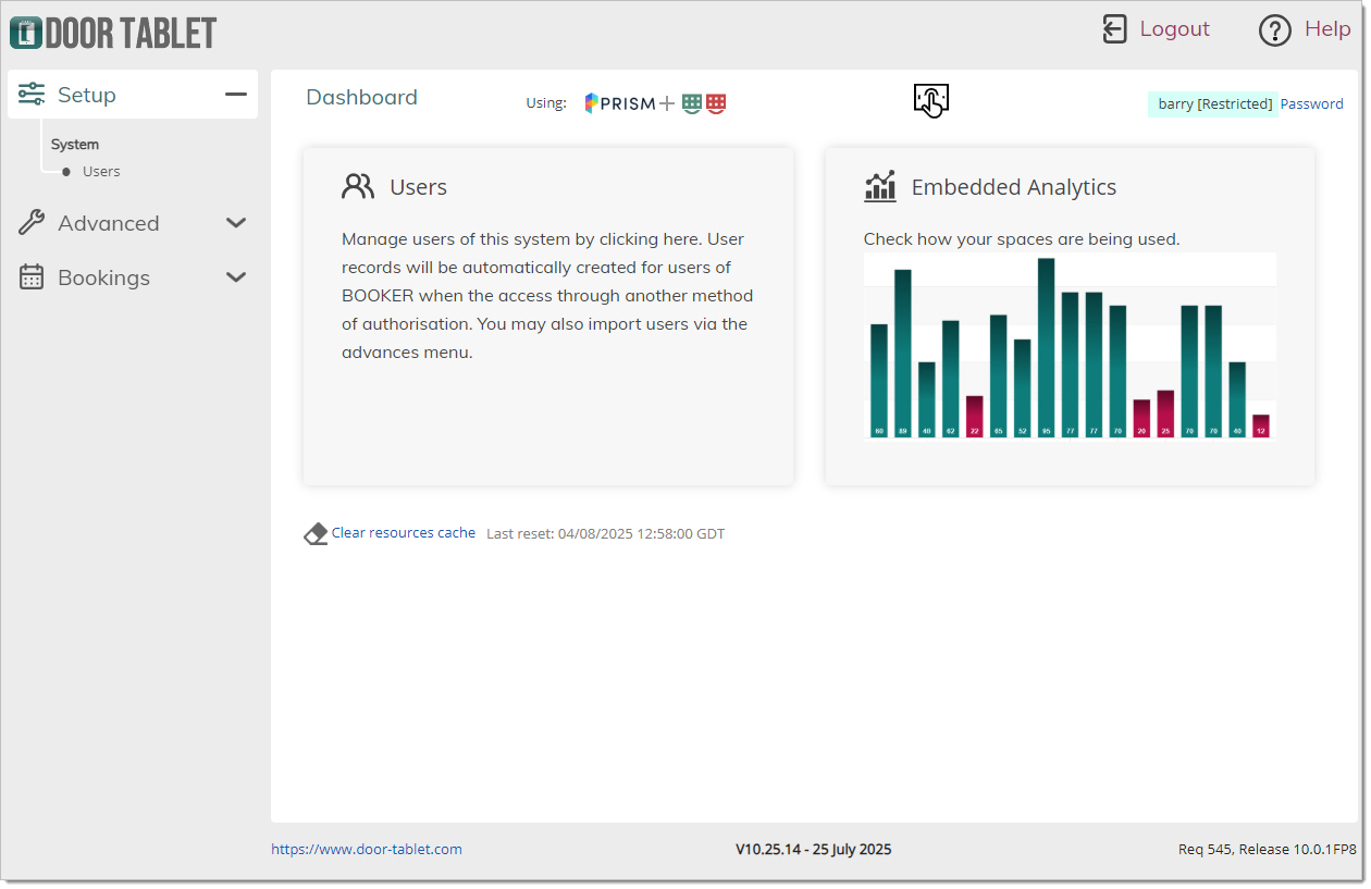 Door Tablet dashboard with quick access to Users and Embedded Analytics after signing in.